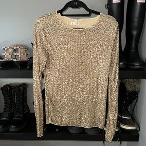 Free People sequin gold rush long sleeve tee M in gold